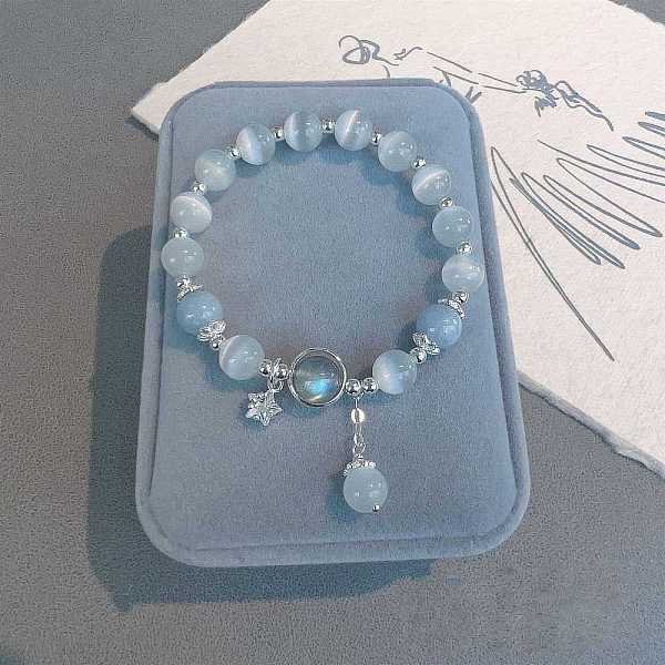 Charm-ArmbäNder Aus Runden Perlen Aus Sternlegierung Und NatüRlichem Aquamarin Und Mondstein, Platin Farbe, 7-1/8-8-5/8 Zoll (18-22 Cm)-image