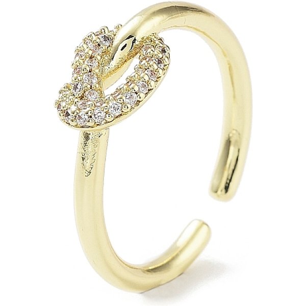 Anillos abiertos de circonita cúbica transparente micro pavimentados de latón chapado en rejilla con nudos, Anillo de puño chapado de larga duración para mujer., sin plomo y el cadmio, real 18k chapado en oro, diámetro interior: 16.8 mm
