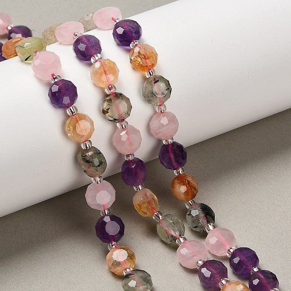 Brins De Perles D'améThyste Naturelle, De PréHnite, De Quartz Rose Et De Citrine, Plat Rond, Facette, Avec Des Perles De Rocaille, 7-7.5X7.5-8X4.5-5Mm, Trou: 1Mm, Environ 19-21 Pcs/Chapelet, 7.52-7.60'' (19.1-19.3 Cm)-image