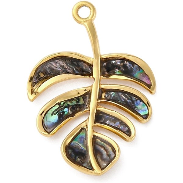 304 Stainless Steel Pave Natural Paua Shell/Abalone Shell Leaf Pendants, Pvd Vacuum Plating, Real 18K Gold Plated, 27X19X3Mm, Hole: 1.6Mm-image