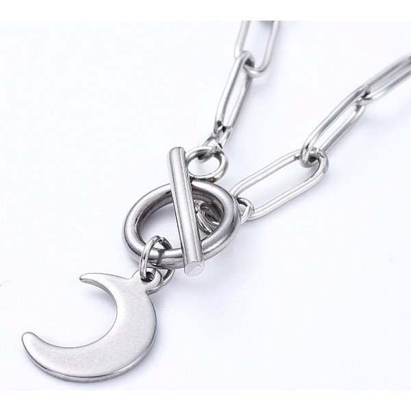 Non-Tarnish Moon 304 Stainless Steel Pendant Necklaces, With Paperclip Chains And Toggle Clasps, Stainless Steel Color, 17.20 Inch(43.7Cm)-image