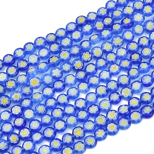 Handmade Millefiori Glass Flat Round Bead Strands, Single Flower Design, Royal Blue, 6X2.5Mm, Hole: 1Mm, About 64-68Pcs/Strand, 14.5-15 Inch-image