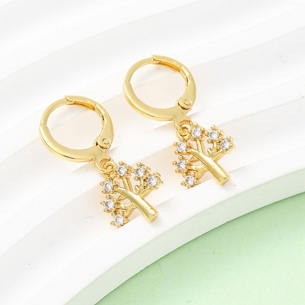 Brass Micro Pave Clear Cubic Zirconia Tree Hoop Earrings, Real 16K Gold Plated, 24X11Mm-image