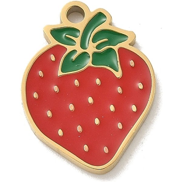 Breloques En éMail En Acier Inoxydable 304, Or, Charme De Fruits, Fraise, 15X11X1.5Mm, Trou: 1.4Mm-image