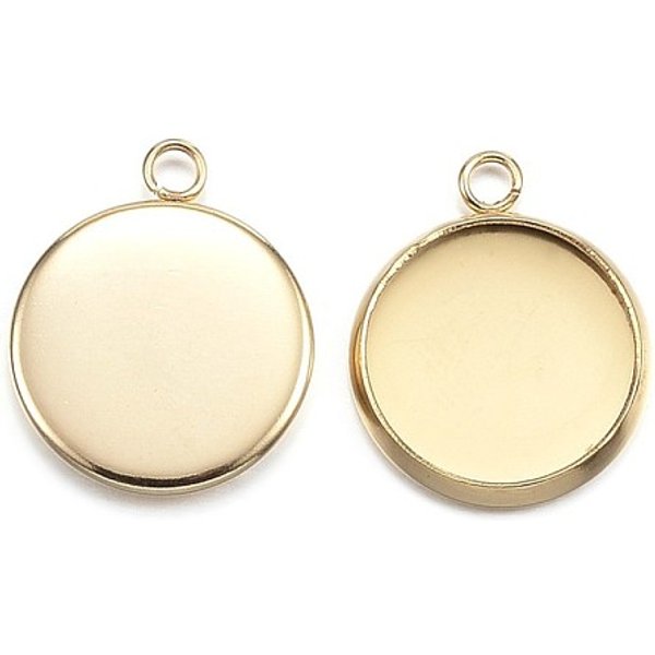 Ion Plating(Ip) 304 Stainless Steel Pendant Cabochon Settings, Plain Edge Bezel Cups, Flat Round, Golden, Tray: 12Mm, 16.5X13.5X2Mm, Hole: 1.8Mm-image