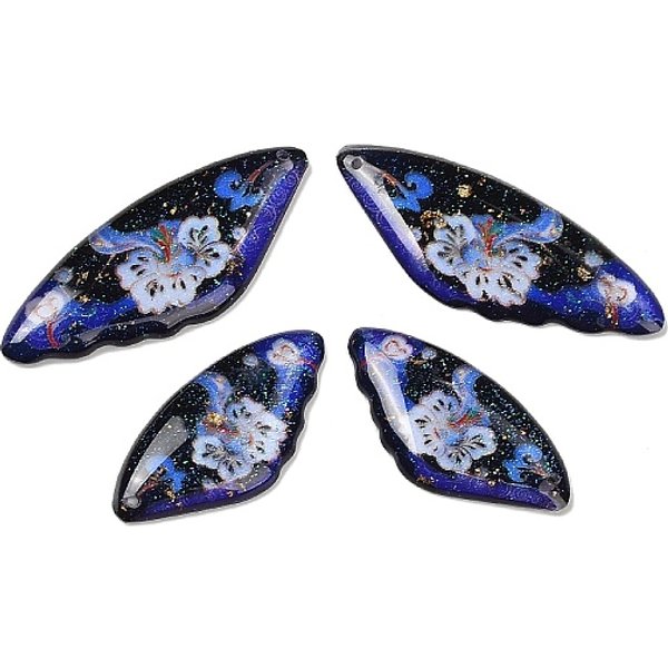 4Pcs 4 Arten Transparente Epoxidharz-AnhäNger, FlüGel Mit Blumenmuster, Mit Pailletten Und Goldfolie, Blau, 29-39X14 - X 2.5 Mm, Bohrung: 1 Mm-image