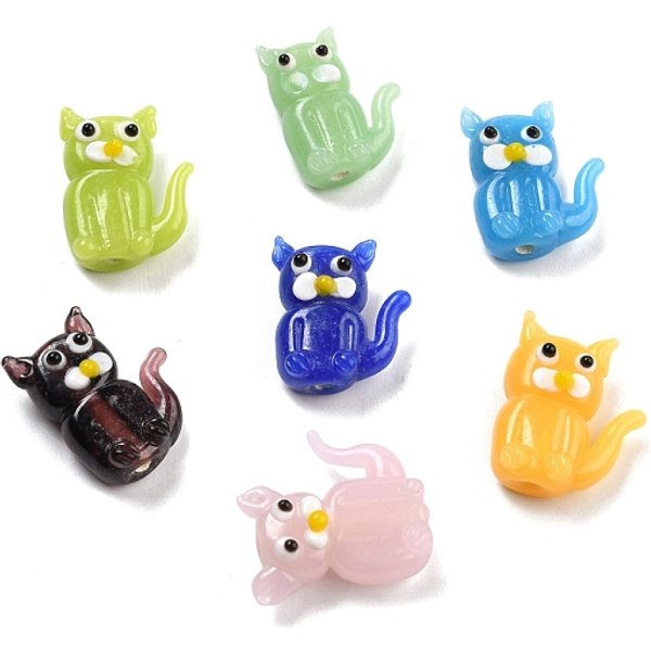 Perline murano fatto a mano, stile cartone animato, gatto, colore misto, 18-21x15-19x7-10mm, Foro: 2 mm