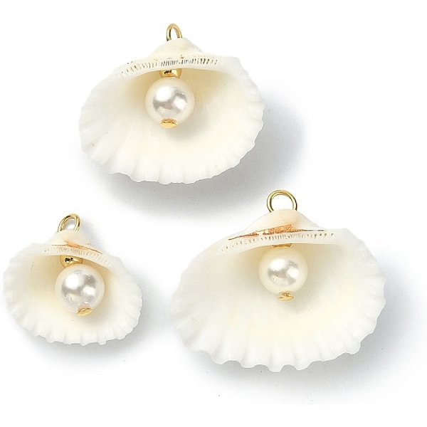 Natural Shell Pendants, Shell Charms With Round Shell Pearl Beads And Brass Beads, Golden, Floral White, 16-24X17.5-27X7.5-9Mm, Hole: 2.3-2.5Mm-image