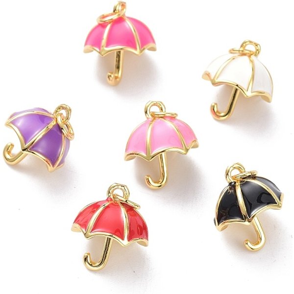 Real 18K Gold Plated Brass Charms, With Enamel & Jump Rings, Long-Lasting Plated, Umbrella, Mixed Color, 15X13Mm, Jump Ring: 5X1Mm, 3Mm Inner Diameter-image