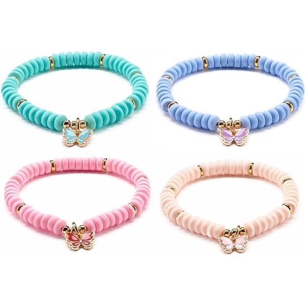 Braccialetto Di Fascino Della Lega Della Farfalla Dello Smalto Per Le Donne Teenager Della Ragazza, Braccialetto Elastico Fatto A Mano Con Perline In Argilla Polimerica, Oro, Colore Misto, Diametro Interno: 2-1/4 Pollice (5.8 Cm)-image