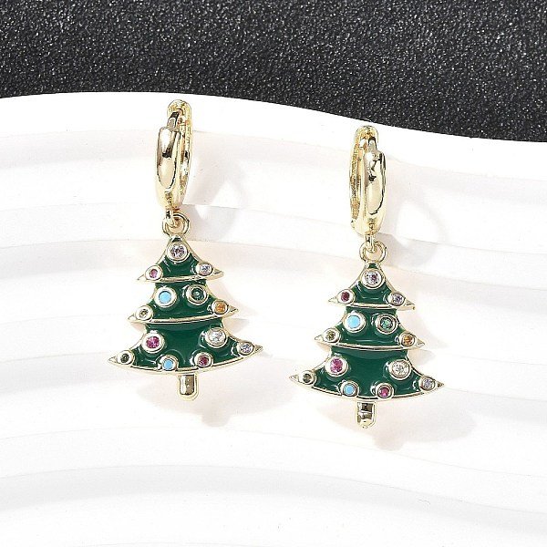 Brass Micro Pave Cubic Zirconia Hoop Earrings, With Enamel, Christmas Tree, Real 18K Gold Plated, 31.5X16Mm-image