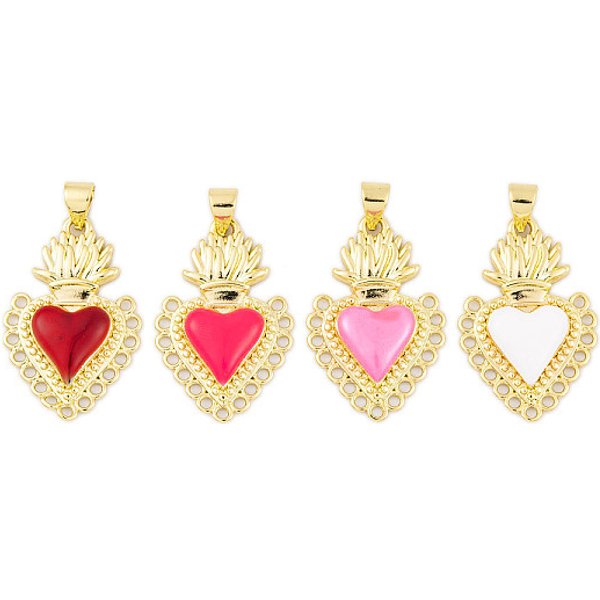Pendentifs En Laiton éMaillé De Placage De CréMaillèRe, Sans Cadmium Et Sans Plomb, Plaqué Longue DuréE, VéRitable 18K Plaqué Or, Charme Sacré Coeur, Couleur Mixte, 26.5X17X3.5Mm, Trou: 3.5X3Mm-image