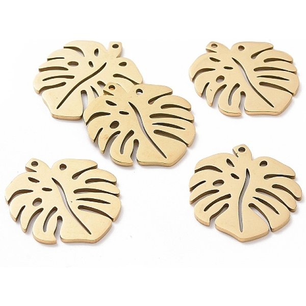 201 Pendentifs En Acier Inoxydable, Breloques De Feuilles Tropicales, Feuille De Monstera, Creux, Or, 24X21X1Mm, Trou: 1Mm-image