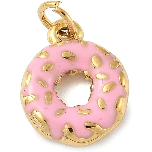 304 Stainless Steel Enamel Pendants, with Jump Ring, Donut Charm, Golden, 15x12x3mm, Hole: 3.3mm