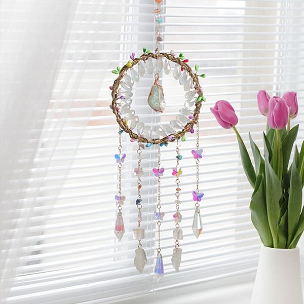 Natural Green Aventurine Nuggets Pendant Decorations, Glass Butterfly & Cone Tassel For Home Car Hanging Decor, Colorful, 385Mm-image