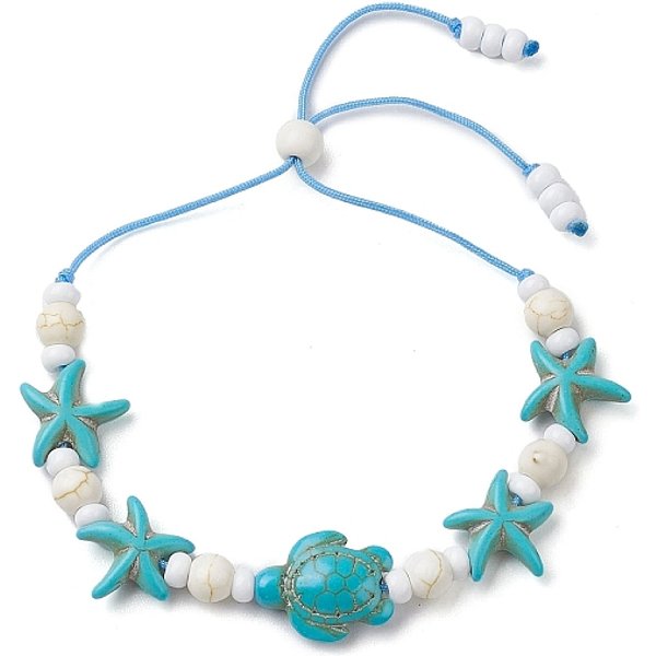 Braccialetti Con Cursore Turchese Sintetico Tinto Tartaruga E Stella Marina, Braccialetti Estivi In Cordoncino Di Nylon Regolabili Da Spiaggia Per Donna Uomo, Turchese, Diametro Interno: 1-1/2-3 Pollice (3.8-7.7 Cm)-image