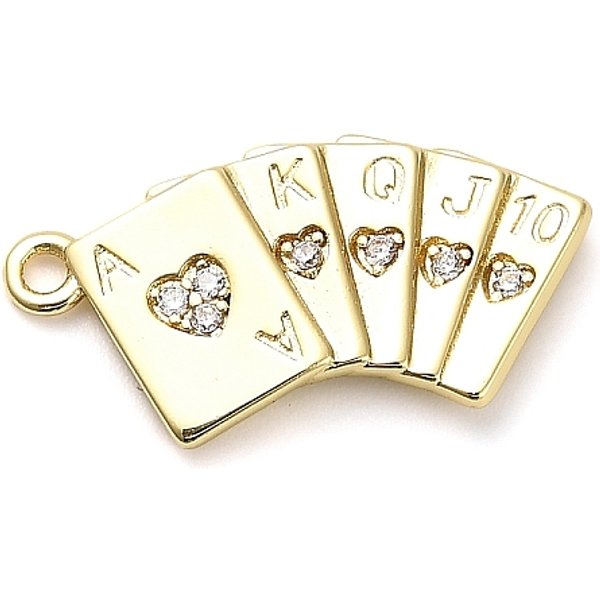 Brass Micro Pave Cubic Zirconia Pendants, Playing Card Charms, Rack Plating, Long-Lasting Plated, Lead Free & Cadmium Free, Real 18K Gold Plated, 23X12.5X3Mm, Hole: 1.6Mm-image