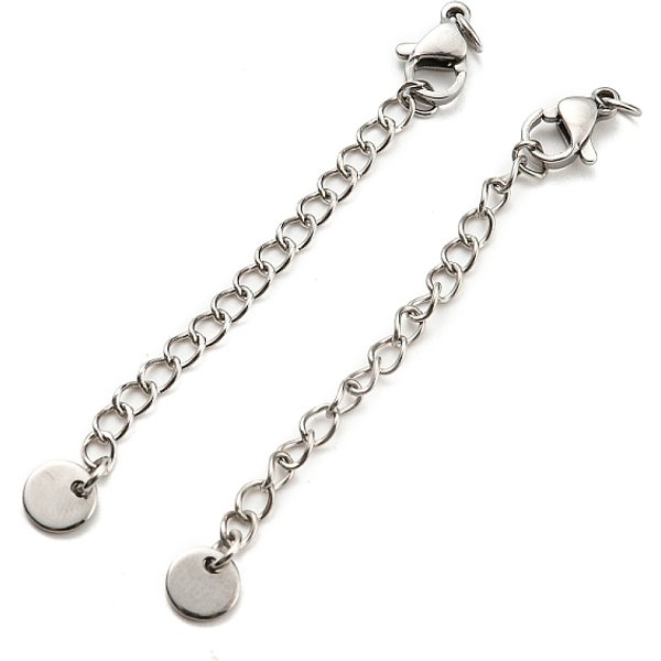 Tarnish Resistant 304 Stainless Steel Curb Chain Extender, End Chains with Lobster Claw Clasps and Flat Round Chain Tabs, Stainless Steel Color, 66mm