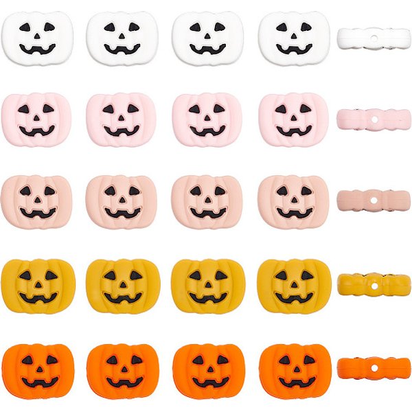 20 StüCk 5 Farben KüRbis-Jack-O'-Laterne Halloween LebensmittelqualitäT Umweltfreundliche Silikonperlen, Mischfarbe, 21X27X8 Mm, Bohrung: 2 Mm, 4 Stk. Je Farbe-image