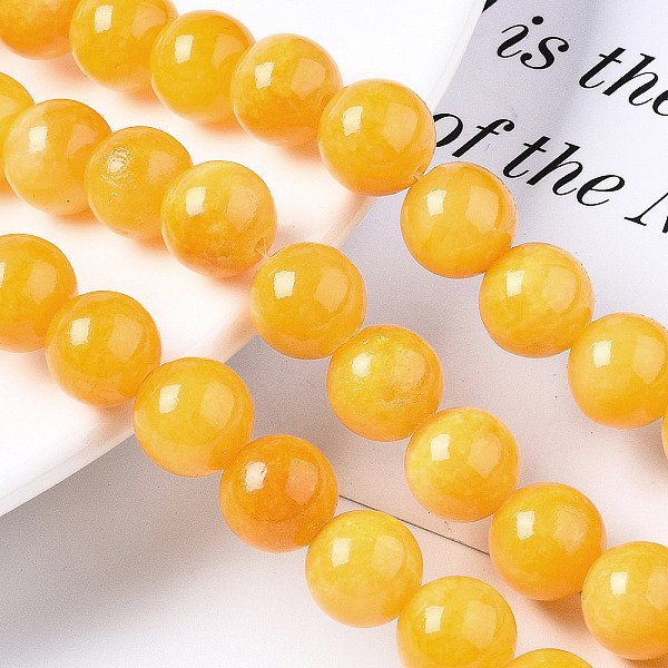 Natural Dyed Yellow Jade Gemstone Bead Strands, Round, Gold, 10Mm, Hole: 1Mm, About 40Pcs/Strand, 15.7 Inch-image