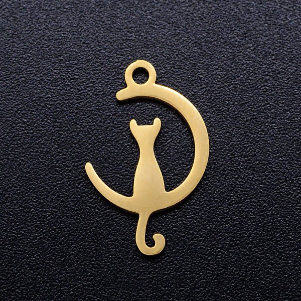 Pendentifs Chaton En Acier Inoxydable 201 Avec Placage Ionique (Ip), Croissant De Lune En Forme De Chat, Or, 17.5X11X1Mm, Trou: 1.5Mm-image