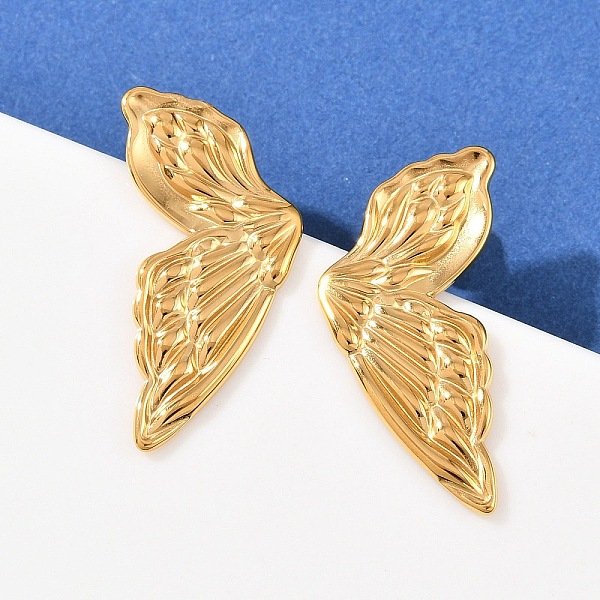 Orecchini A Bottone In Acciaio Inossidabile 304 A Forma Di Farfalla, Placcatura Ionica (Ip), Sinistra E Destra, Vero Placcato Oro 18K, 31.5X14.5Mm-image