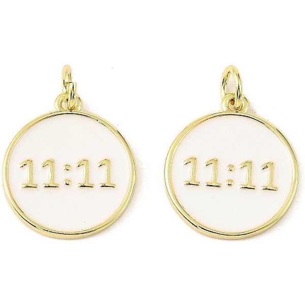 Brass Enamel Pendants, Flat Round With 11:11 Charm, Long-Lasting Plated, Cadmium Free & Lead Free, Rack Plating, Real 18K Gold Plated, White, 18X15X2.5Mm, Hole: 3Mm-image