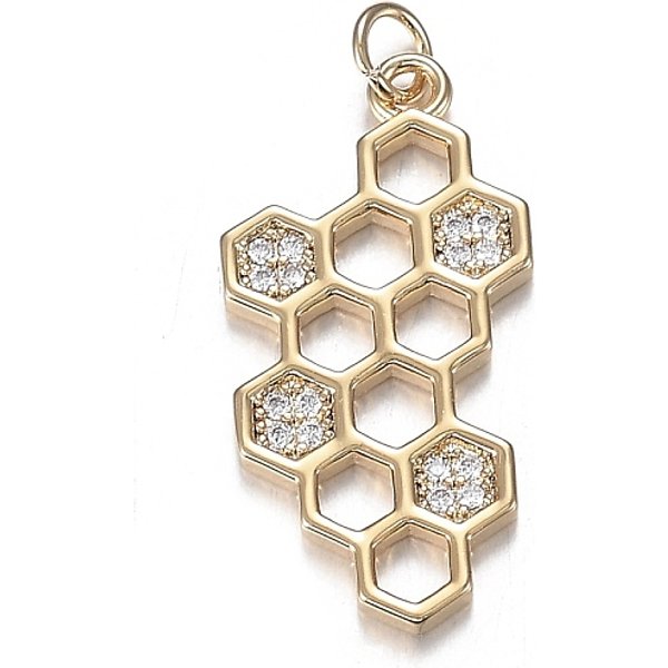 Brass Micro Clear Cubic Zirconia Pendants, Long-Lasting Plated, Molecule, Real 18K Gold Plated, 23X11.5X1.5Mm, Hole: 2.8Mm-image