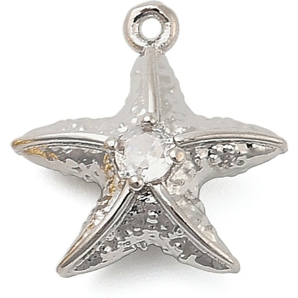 Brass Micro Pave Cubic Zirconia Pendants, Starfish Charms, Platinum, 14.5X14X7Mm, Hole: 0.8Mm-image