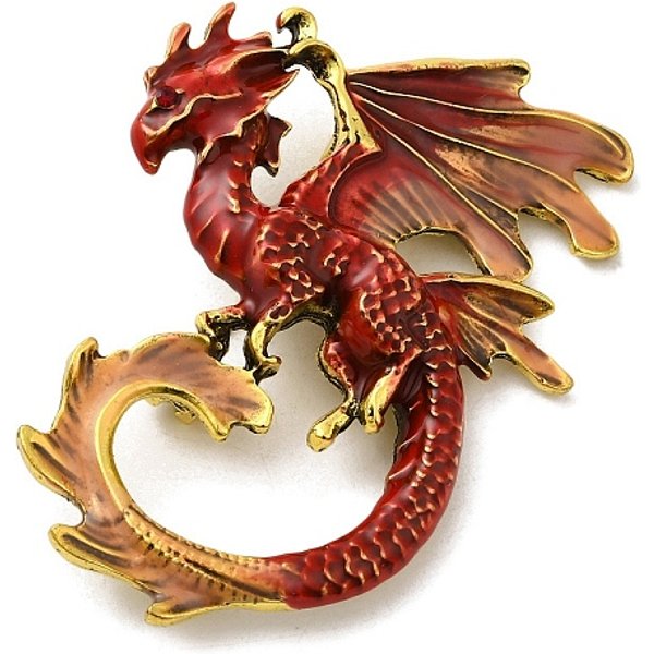 Dragon Enamel Pin Brooches, Antique Golden Alloy Rhinestone Badge for Backpack Clothes, FireBrick, 56x41x17mm, Hole: 5x3.5mm