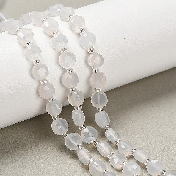 Chapelets De Perles En Agate Blanche Naturelle, Plat Rond, Facette, Avec Des Perles De Rocaille, 7-7.5X7.5-8X4.5-5Mm, Trou: 1Mm, Environ 19-21 Pcs/Chapelet, 7.52-7.60'' (19.1-19.3 Cm)-image