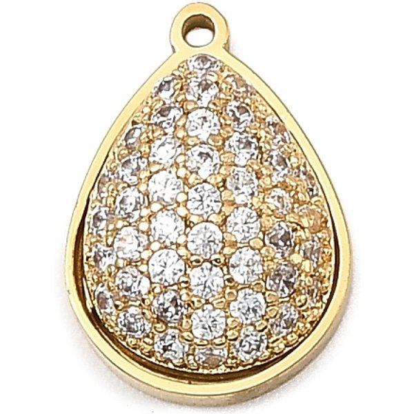 304 Stainless Steel Micro Pave Cubic Zirconia Charms, Cadmium Free & Nickel Free & Lead Free, Golden, Teardrop, 12X9X4Mm, Hole: 1Mm-image