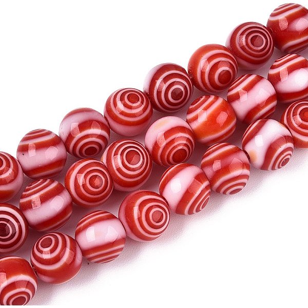 Handmade Millefiori Glass Round Beads Strands, FireBrick, 8mm, Hole: 1.2-1.4mm, about 48-49pcs/strand, 14.09-14.37''(35.8-36.5cm)