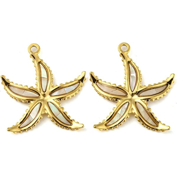 Natural Shell Pendants, Starfish Charms With Ion Plating(Ip) 304 Stainless Steel Findings, Real 18K Gold Plated, 28X24X12Mm, Hole: 1.8Mm-image