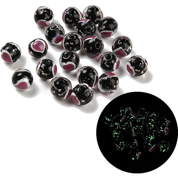 Handmade Lampwork Beads, Luminous Beads, Round With Heart, Glow In The Dark, Black, 10Mm, Hole: 1.8Mm-image