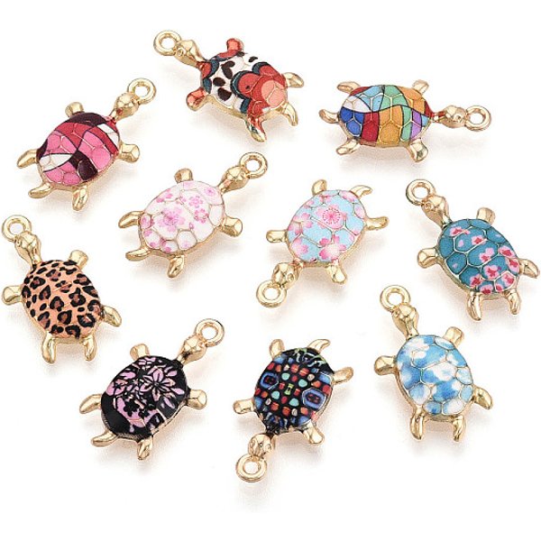 Alloy Enamel Pendants, Tortoise Charms, Rack Plating, Light Gold, Mixed Color, 24X13.1X3Mm, Hole: 1.6Mm-image