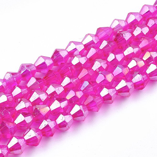 Electroplate Glass Beads Strands, Ab Color, Faceted, Bicone, Magenta, 4-4.5X4Mm, Hole: 1Mm, About 80-85Pcs/Strand, 30-32Cm-image