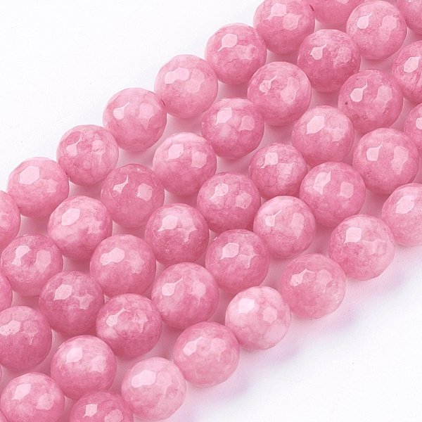 Natural White Jade Bead Strands, Dyed, Faceted, Round, Pearl Pink, 8mm, Hole: 1mm, 48pcs/strand, 14.5-14.9 inch