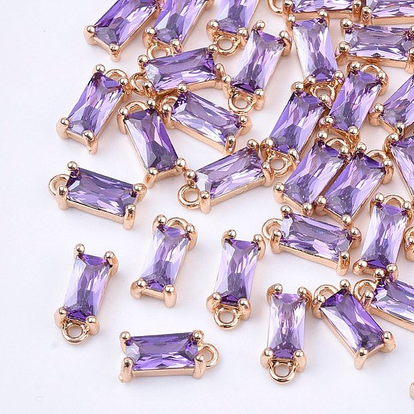 Charms In Vetro Trasparente, Con Accessori Di Ottone, Sfaccettato, Rettangolo, Oro Chiaro, Viola Medio, 8.5X4X3Mm, Foro: 1 Mm-image