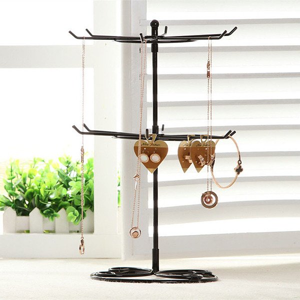 2-StöCkiges, Drehbares Halsketten-PräSentationsregal Aus Eisen, Schmuck-Organizer-Halter Zur Aufbewahrung Von Halsketten, Elektrophorese Schwarz, 21.2X42 Cm-image