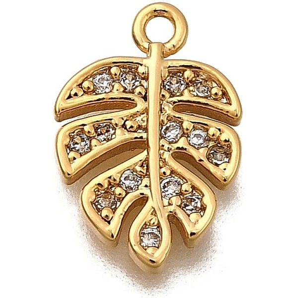 Pendentifs Avec Zircon Cubiques à Micro-PavéS En Laiton, Breloques De Feuilles, Plaqué Longue DuréE, Sans Nickel, VéRitable 18K Plaqué Or, Clair, 12X8X2Mm, Trou: 1Mm-image