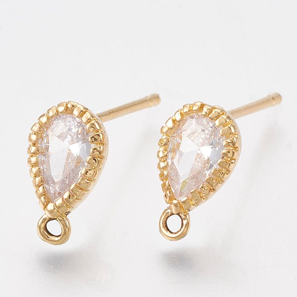 Brass Cubic Zirconia Stud Earring Findings, With Loop, Teardrop, Clear, Real 18K Gold Plated, 9.5X5.5Mm, Hole: 1Mm, Pin: 0.8Mm-image