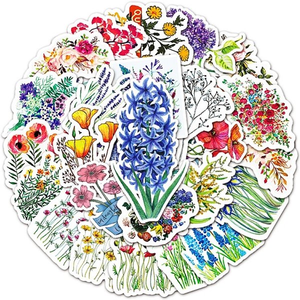 50Pcs Mixed Styles Flower Pattern Waterproof PVC Plastic Stickers, Self Adhesive Picture Stickers, for Water Bottles, Laptop, Luggage, Cup, Computer, Mobile Phone, Skateboard, Guitar Stickers, Mixed Color, 55-85mm