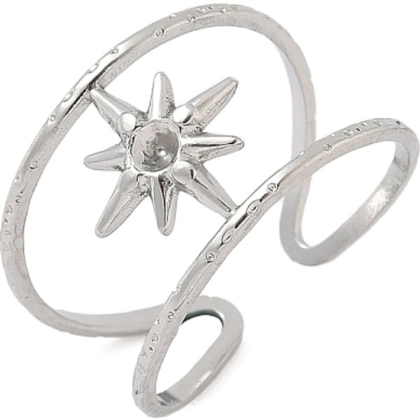 304 Stainless Steel Open Cuff Rings Findings, Pad Ring Settings, Flat Round, Stainless Steel Color, Tray: 2Mm, 13Mm, Adjustable-image