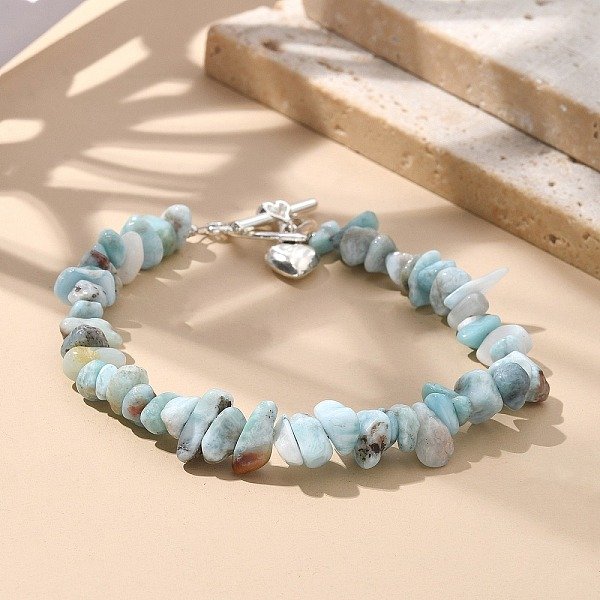 NatüRliche Larimar Perlen ArmbäNder, Legierung Mit KnebelverschlüSse, Herz, 8-1/4 Zoll (20.8 Cm)-image