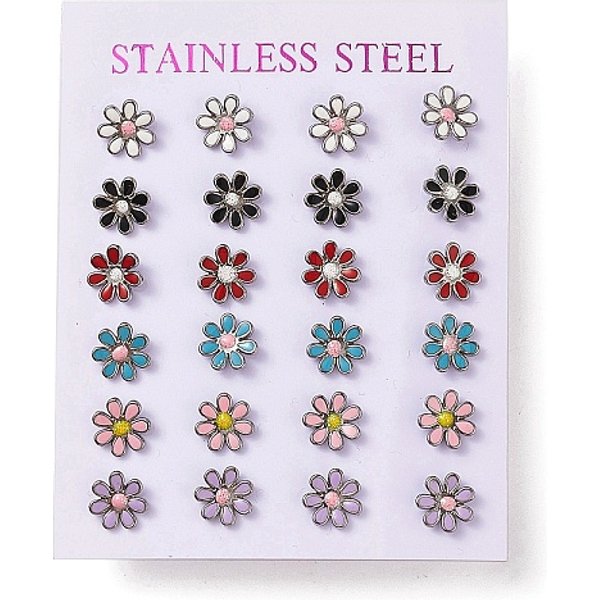 Mixed Color Bling Enamel Daisy Flower Stud Earrings, 304 Stainless Steel Earrings With 316 Surgical Stainless Steel Pins For Women, Stainless Steel Color, 8X8X1.5Mm, Pin: 0.8Mm-image