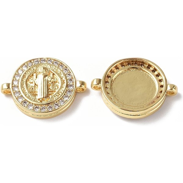 Abalorios De Conector De Circonita CúBica Transparente Micro Pavé De LatóN Chapado En Estante EcolóGico, Plateado De Larga DuracióN, Sin Plomo Y El Cadmio, Eslabones Redondos Planos Con Santo, ReligióN, Real 18K Chapado En Oro, 21.5X16X4Mm...-image