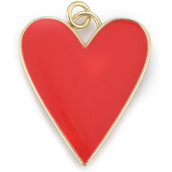 Brass Enamel Pendants, Real 18K Gold Plated, Long-Lasting Plated, Heart, Red, 27X22X2Mm, Hole: 3Mm, Jump Rings: 5X1Mm-image