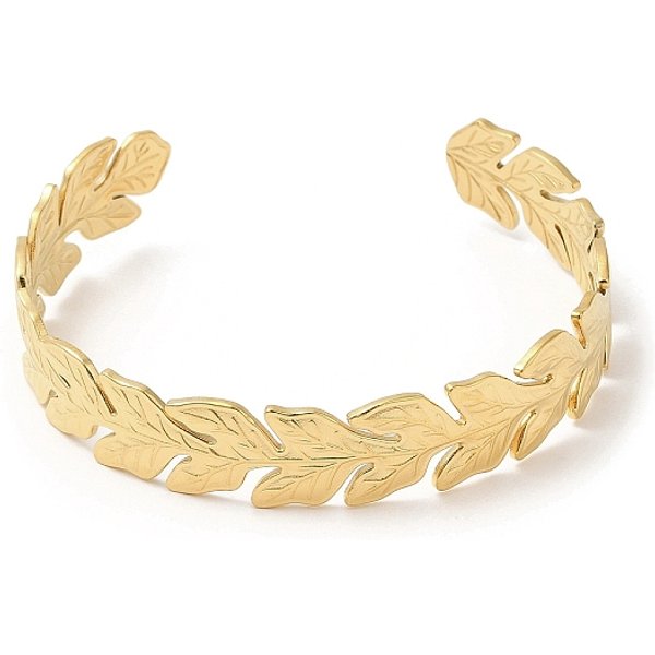 Manschettenarmreifen aus 304 Edelstahl, Blattoffene Armreifen für Frauen, echtes 18k vergoldet, Innendurchmesser: 2-3/8x2-1/8 Zoll (5.9x5.3 cm), 12 mm