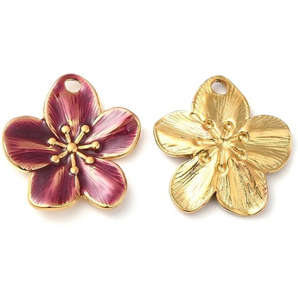 Colgantes De Esmalte De Acero Inoxidable 304, Real 18K Chapado En Oro, Charm De Flores, MarróN, 24.5X22.5X2.5Mm, Agujero: 2.5 Mm-image